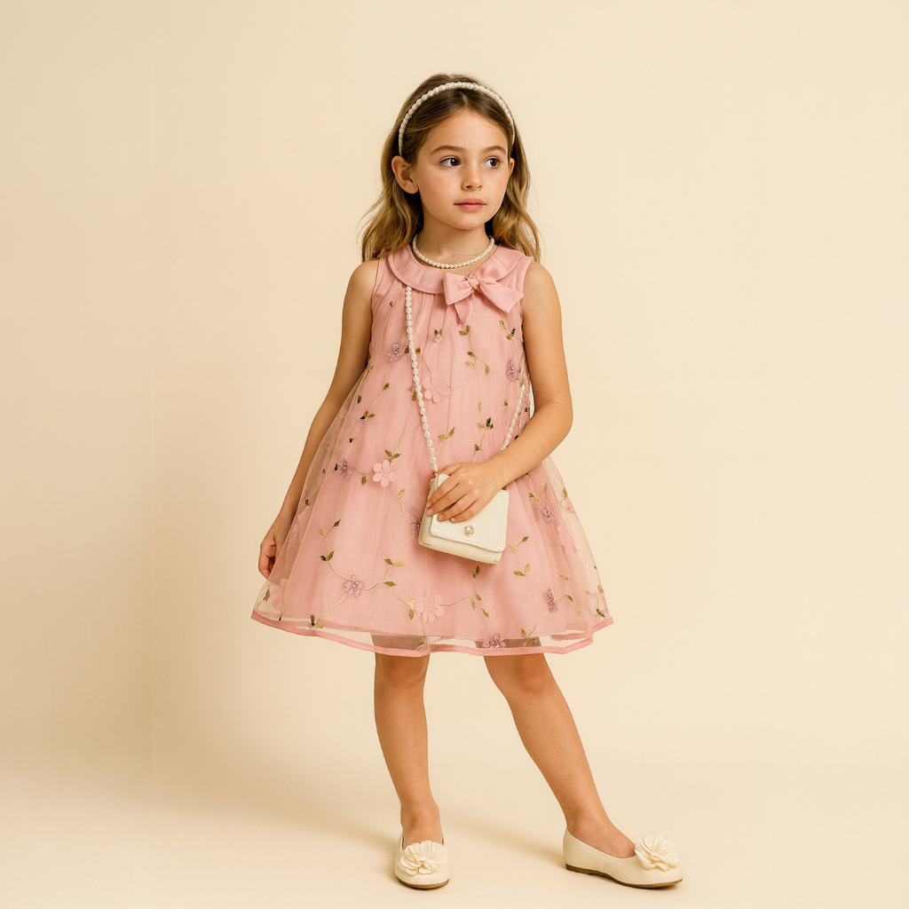 VESTIDO BORDADO EDICION FLORAL CON BOLSO DE PERLAS