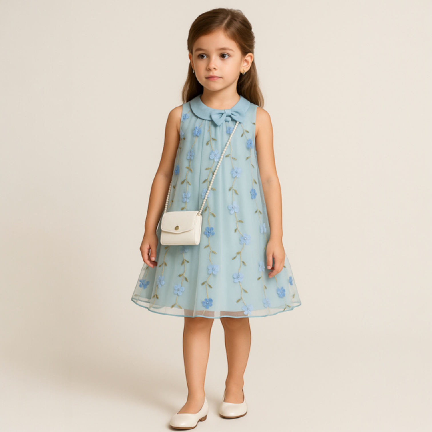 VESTIDO BORDADO EDICION FLORAL CON BOLSO DE PERLAS