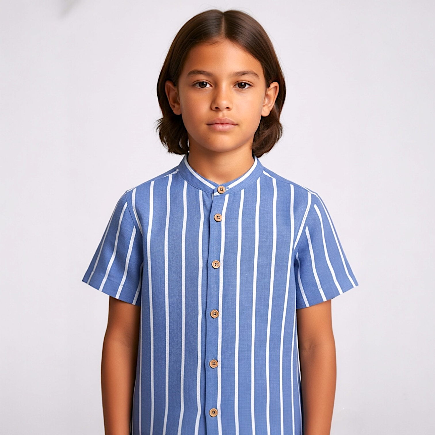 CAMISA RAYAS AZUL CUELLO MAO