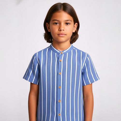 CAMISA RAYAS AZUL CUELLO MAO